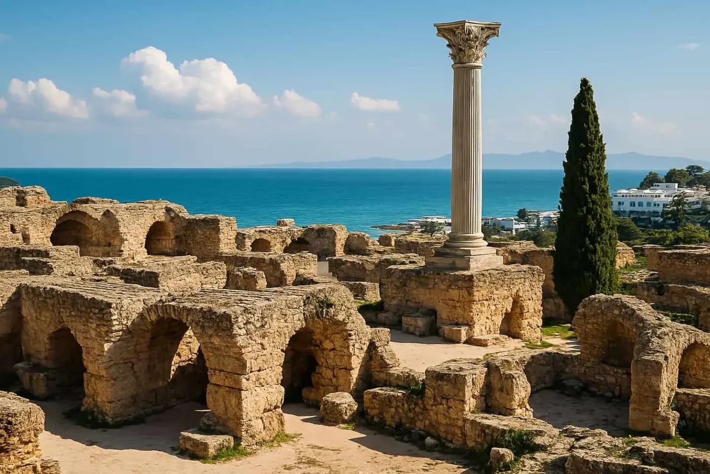 Arches and cypress trees in the Antonine Baths at Carthage