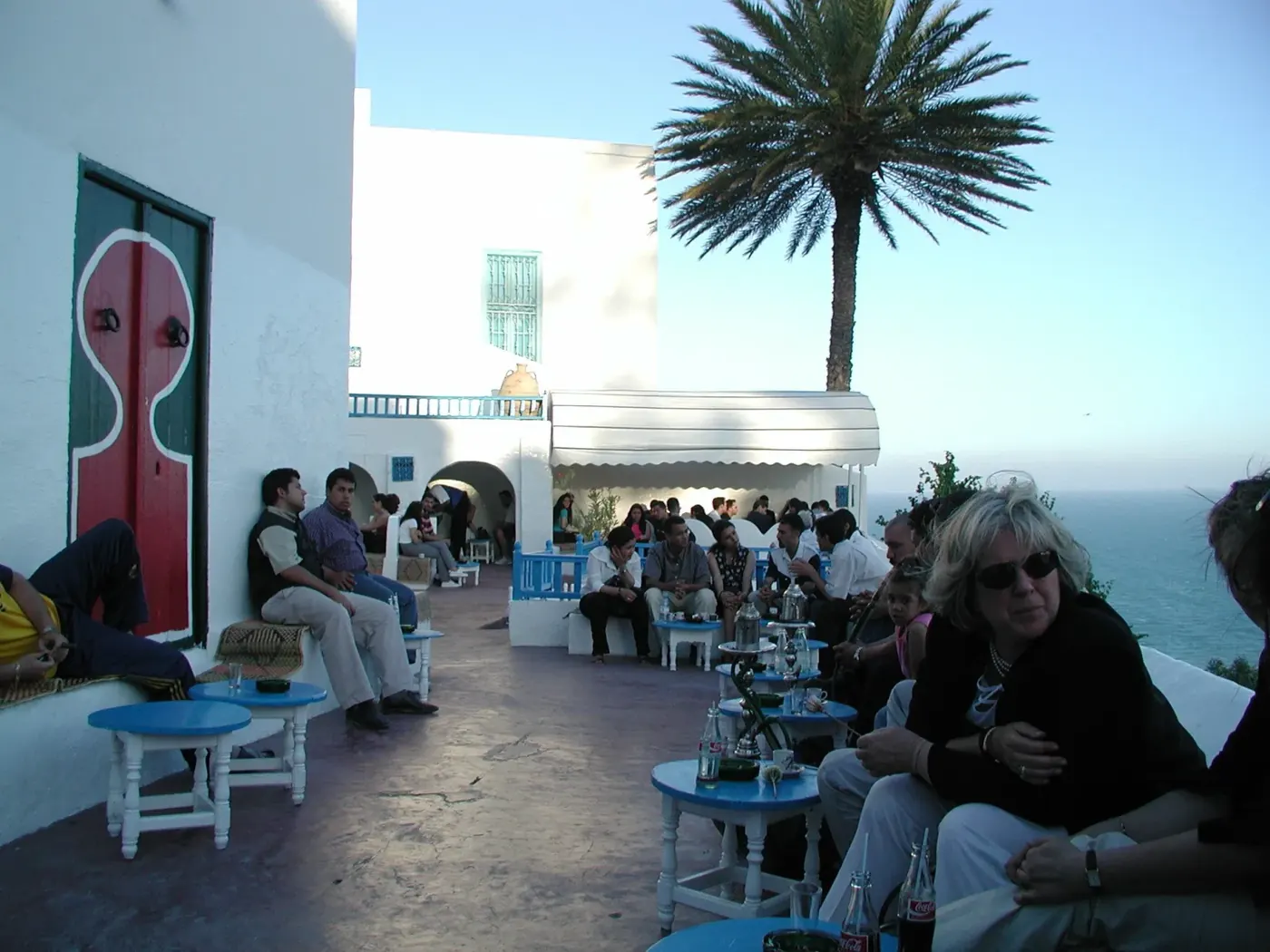 Blue tables and stools outside a café in Sidi Bou Said