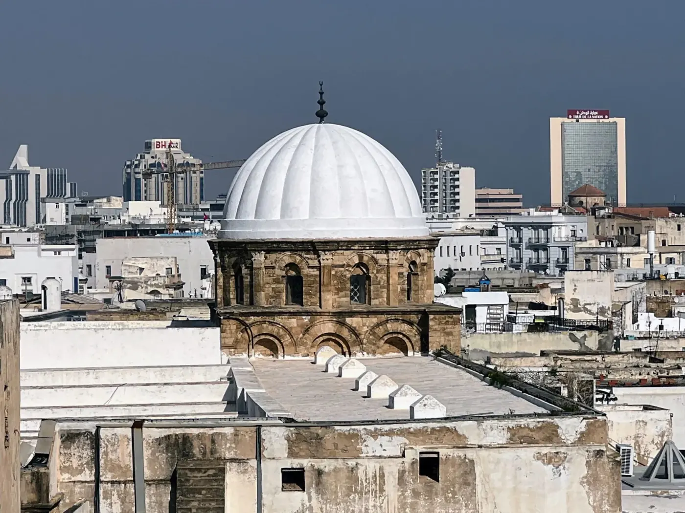 Medina domes and rooftops against the modern Tunis skyline