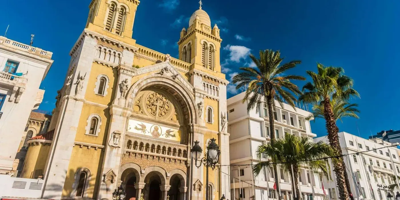 The twin towers of Tunis Cathedral on Avenue Habib Bourguiba