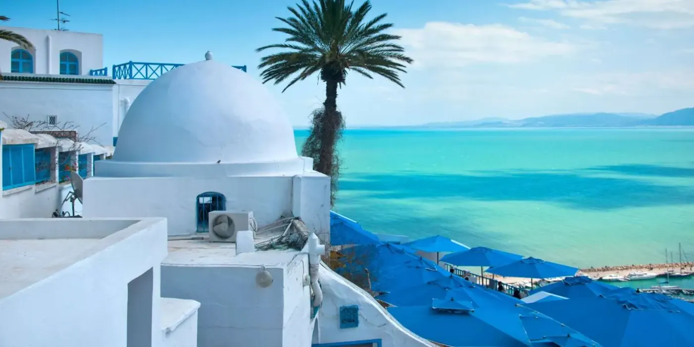 A whitewashed dome above the turquoise Gulf of Tunis
