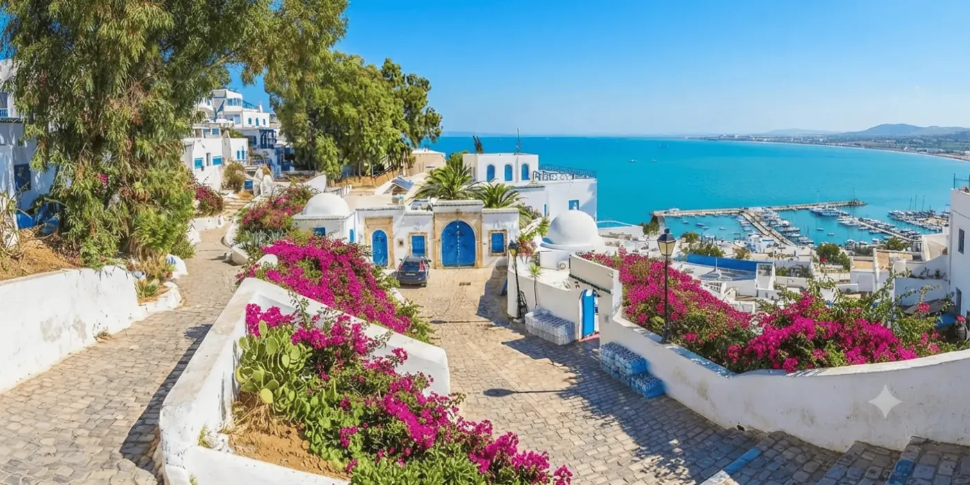 A bougainvillea-lined lane dropping toward the Sidi Bou Said marina